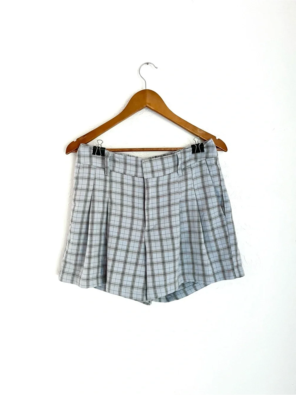 UO Light Blue Plaid High-Waist Shorts
